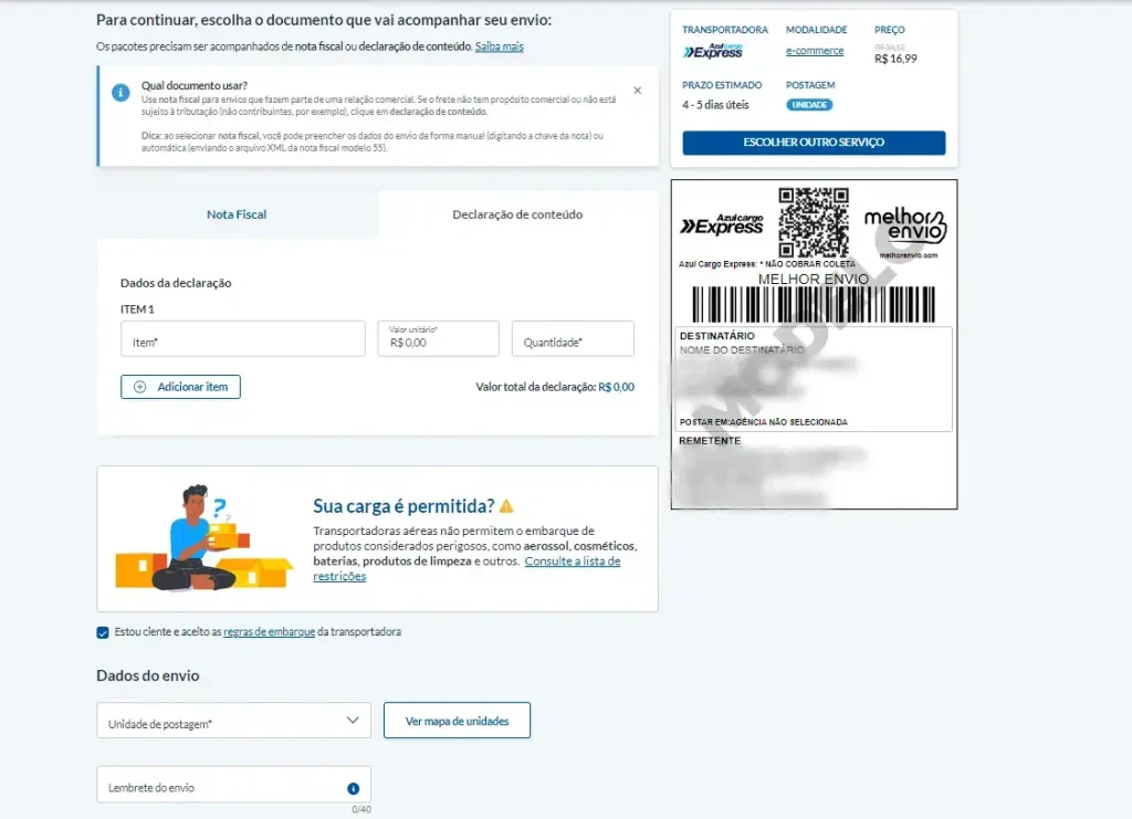 Escolha entre Nota fiscal ou Declaração de conteúdo