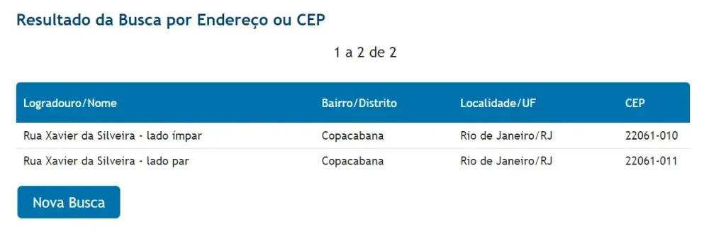 Lista de resultados da busca por endereço ou CEP