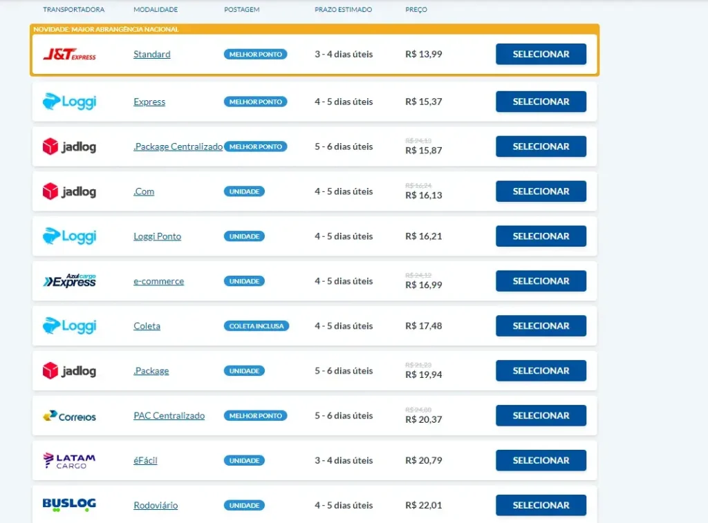 Lista de resultados da cotação do Melhor Envio