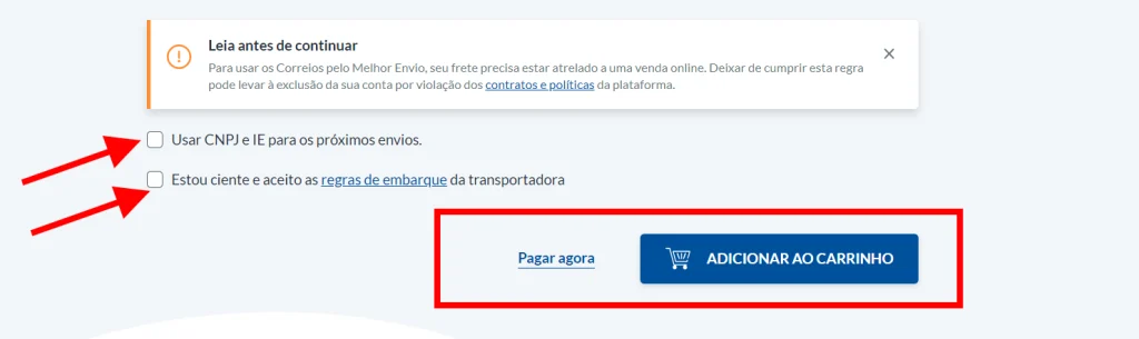Aceite as regras de embarque e clique em "Pagar agora" ou "Adicionar ao carrinho"