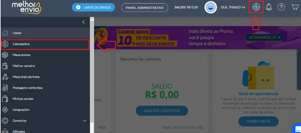Tela de painel do Melhor Envio, calculadora localizada na aba lateral e cabeçalho