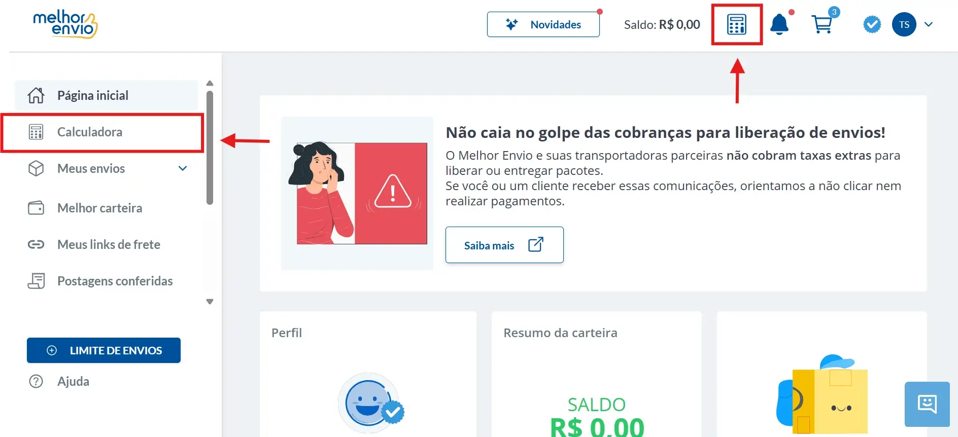 Imagem da tela do painel de controle do Melhor Envio
