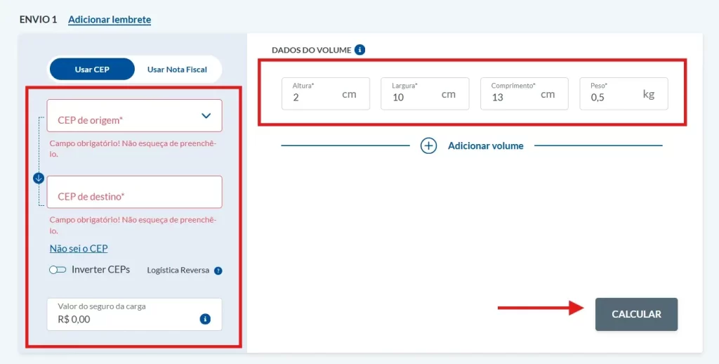 Tela principal da calculadora de frete do Melhor Envio