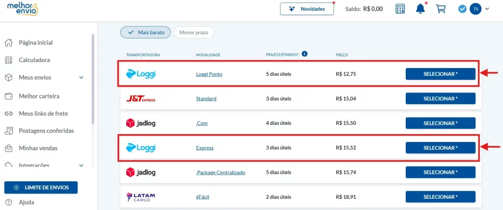 imagem com o resultado da calculadora do Melhor Envio com várias opções de transportadoras disponíveis, entre elas a Loggi como a opção mais barata