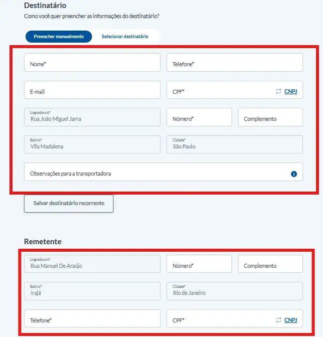 Imagem com campos destinados ao endereçamento do destinatário e remetente