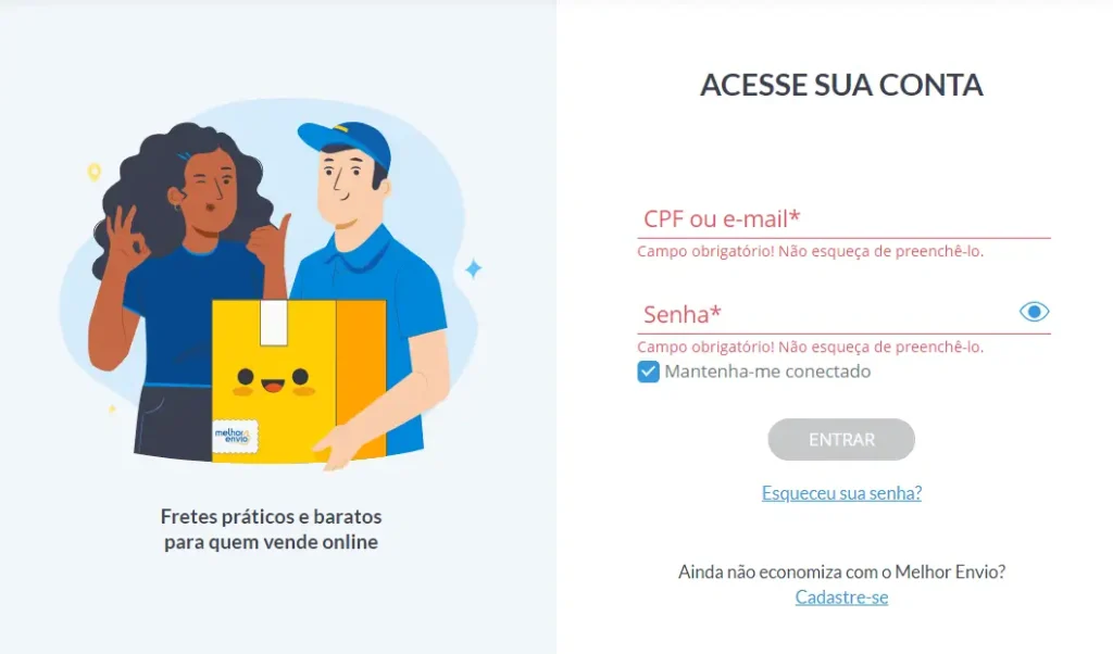 Tela de login do Melhor Envio