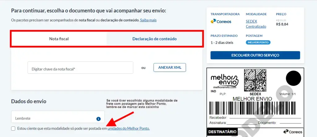 Escolha entre "Nota Fiscal" ou "Declaração de conteúdo