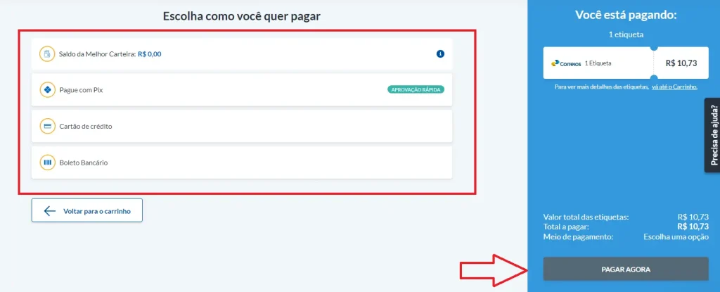Escolha forma de pagamento: saldo, pix, crédito, boleto