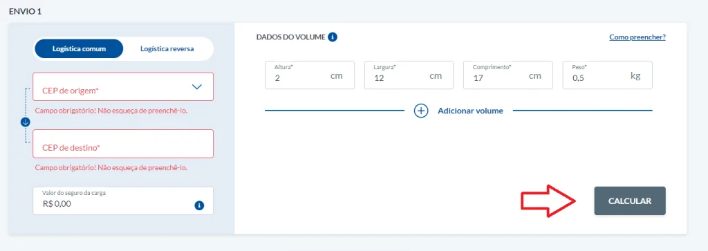 Insira CEP de origem, destino e dimensões da embalagem