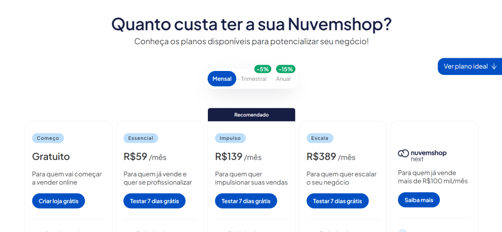 Tela de planos e preços da Nuvemshop