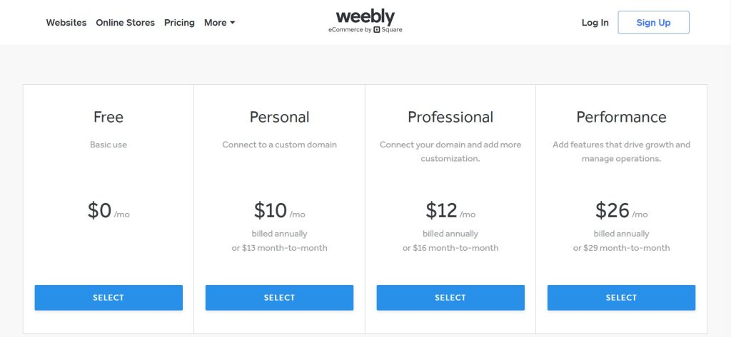 Tela de planos e preços da Weebly