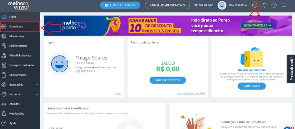 calculadora localizada na aba lateral e na parte superior do painel do Melhor Envio