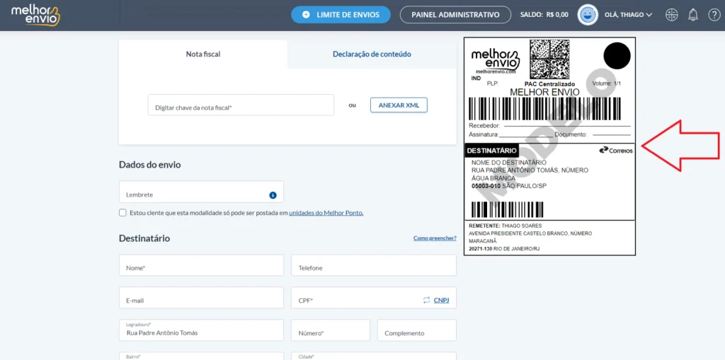Exemplo de modelo de etiqueta do Melhor Envio