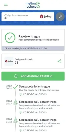 demonstração de rastreio de encomenda entregue da Jadlog no Melhor Rastreio