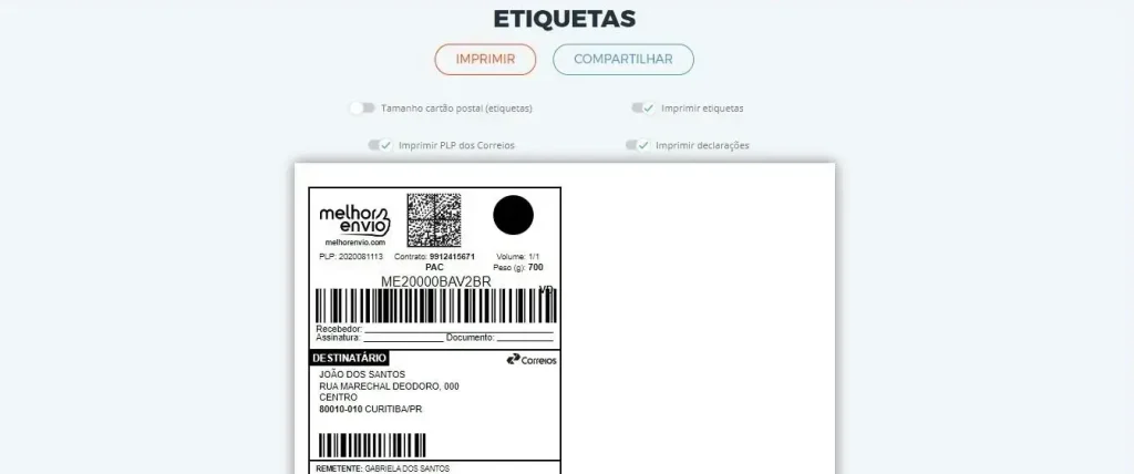 Exemplo de etiqueta para imprimir ou compartilhar