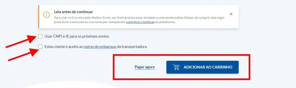 Aceite os termos de embarque e clique em "Pagar agora" ou "Adicionar ao carrinho"