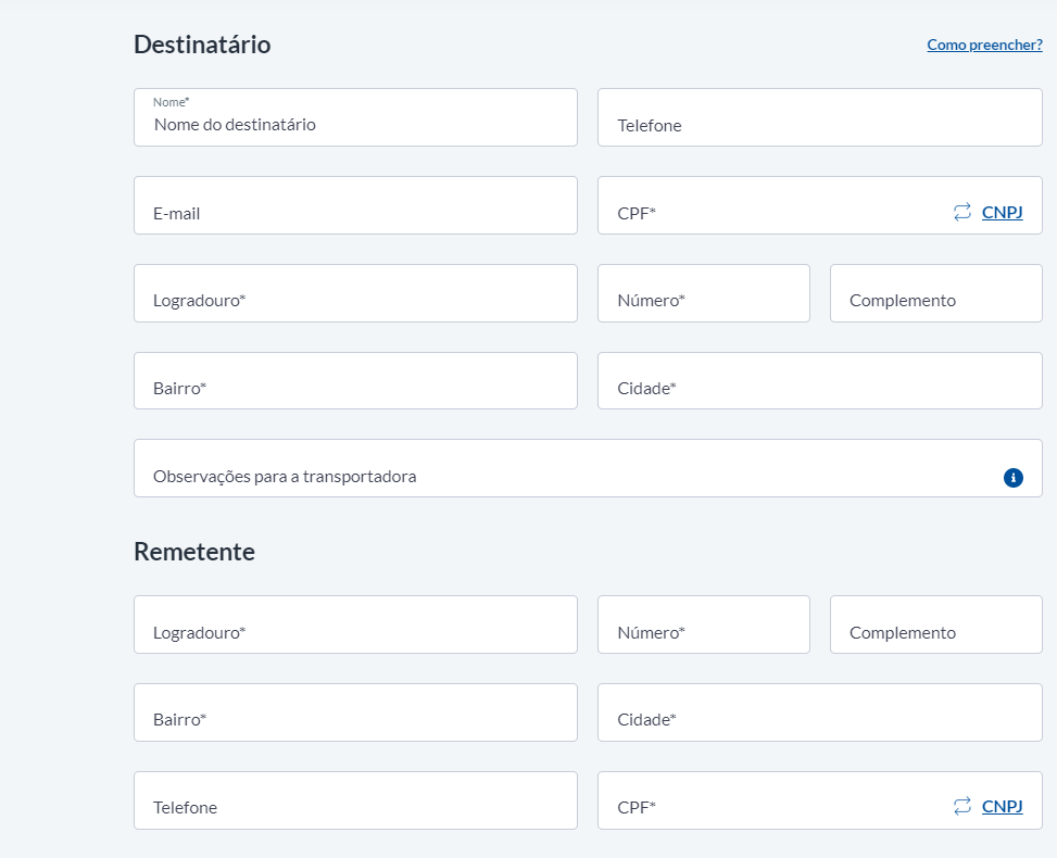 Formulário de dados de destino e remetente