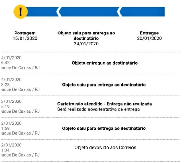 Exemplo de rastreio dos Correios com o status "Objeto entregue ao destinatário"