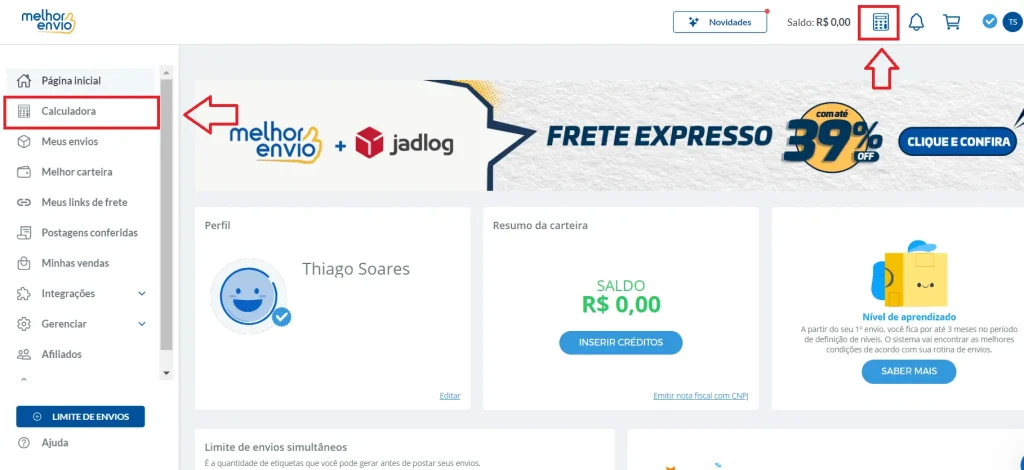 Tela do painel do Melhor Envio. Calculadora localizada na aba lateral e no cabeçalho