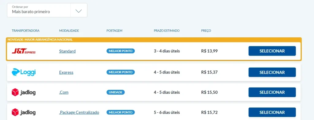 Resultado da cotação do Melhor Envio exibindo a J&T Express como mais barata.