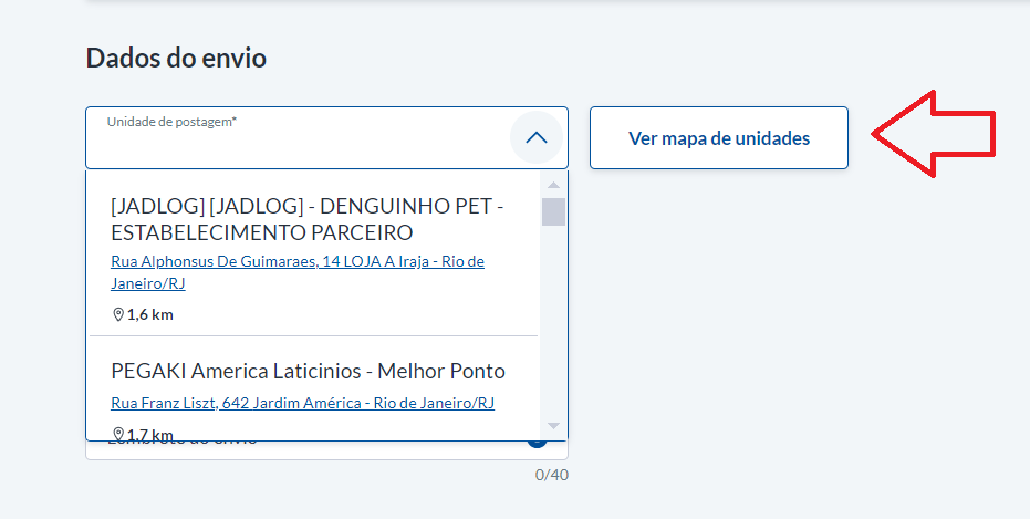 selecione a unidade da Jadlog onde será realizada a postagem.
