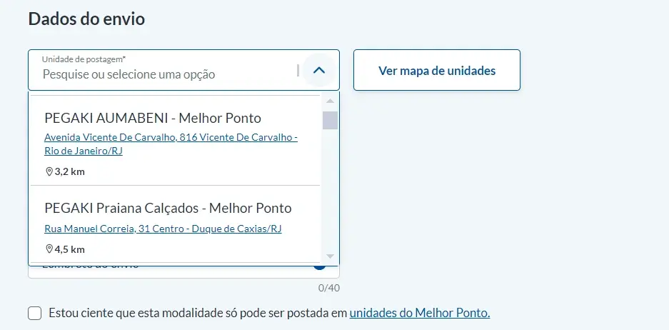 Escolha o ponto de postagem