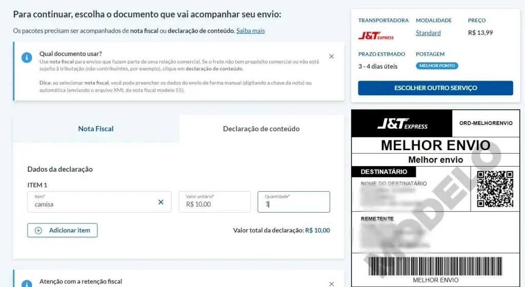 Tela de preenchimento da declaração de conteúdo