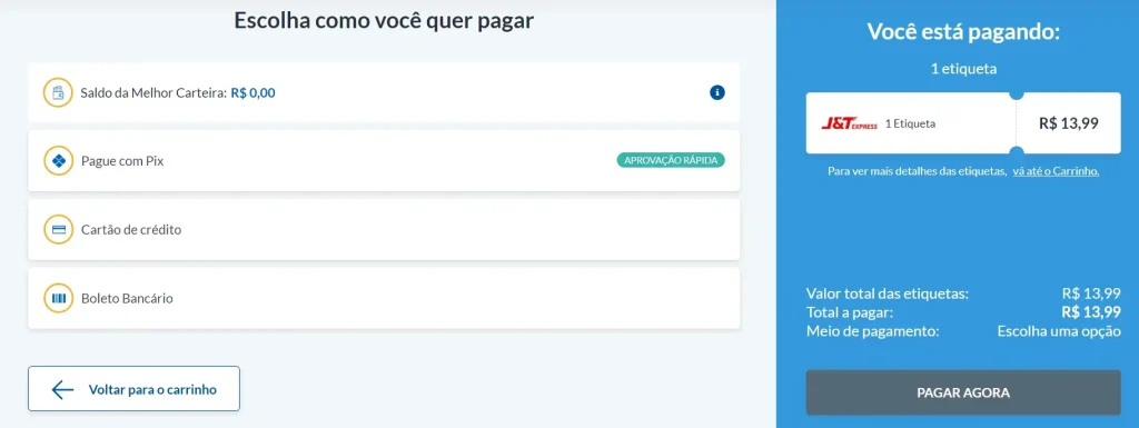 Selecione o tipo de pagamento (Saldo, Pix, Crédito, Boleto)