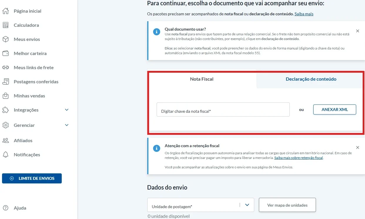 Melhor Envio: nota fiscal e declaração de conteúdo na geração de etiquetas