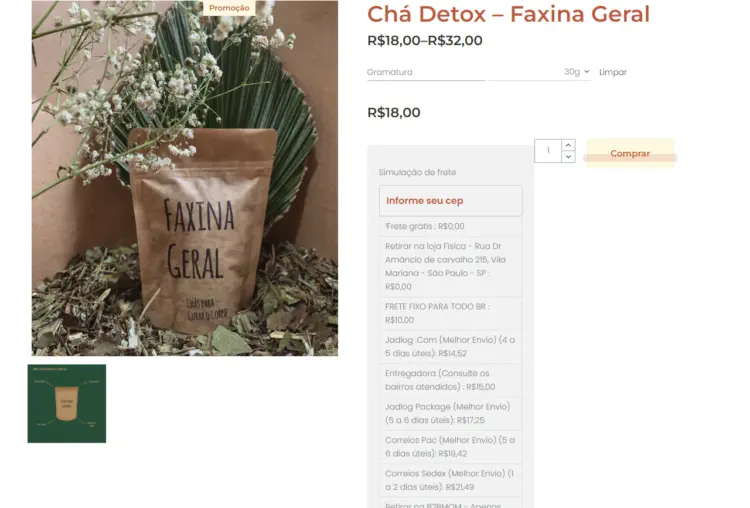 Exemplo da calculadora de frete do Melhor Envio integrada em loja de chá detox