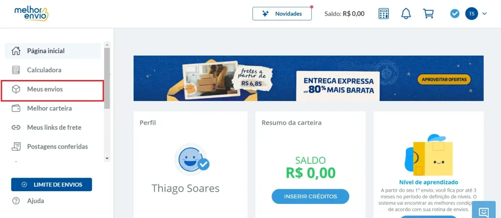 Selecione "Meus Envios"
