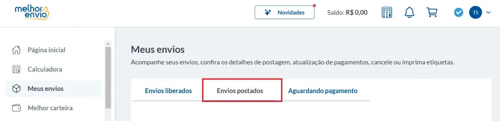 Selecione "Envios postados"