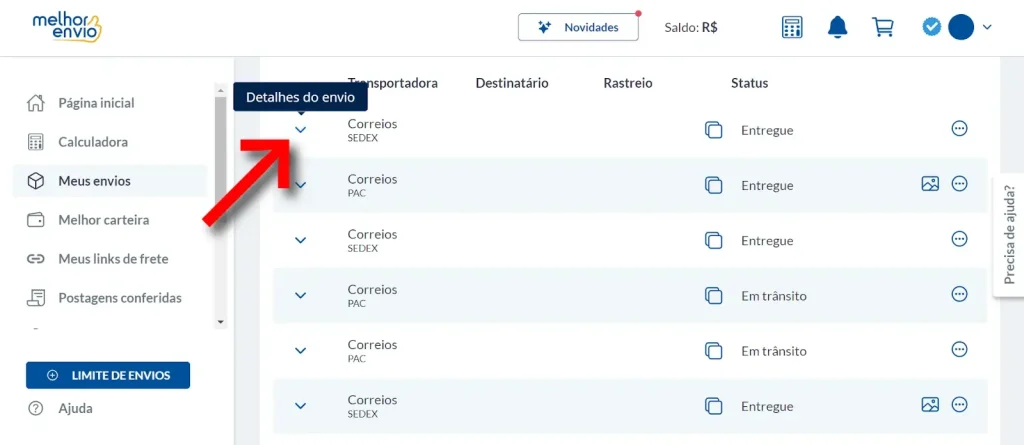 Acesse "Detalhes do envio"