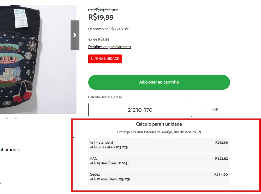 A imagem mostra a calculadora de frete do Melhor Envio aplicada em um página de produto
