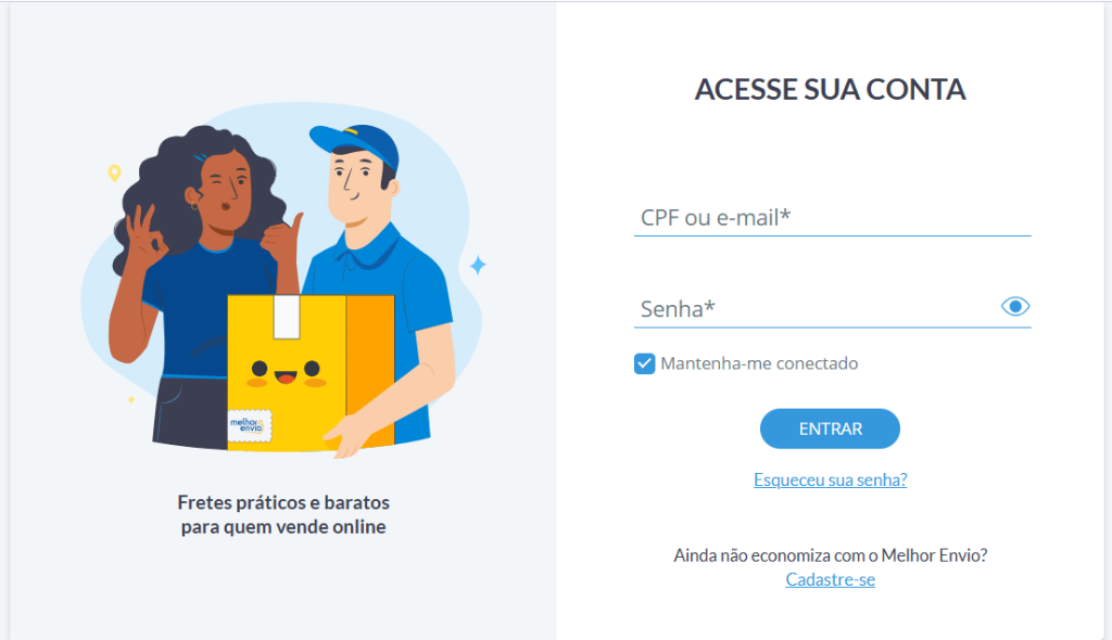 Print da página de login Melhor Envio contendo campos para inserir CPF ou E-mail e senha e um botão para entrar