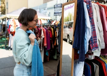Lojista avaliando peças de roupas em arara de fornecedores Brás, buscando variedade e preços de atacado no comércio de moda em São Paulo.