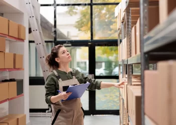Funcionária conferindo prateleiras de produtos para controle e cálculo do giro de estoque em armazém
