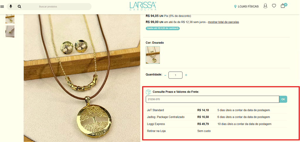 Calculo de frete do Melhor Envio no site Larissa Carolina semijoias 