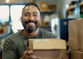 Empreendedor sorrindo enquanto prepara encomenda, representando o conceito de overdelivery no e-commerce