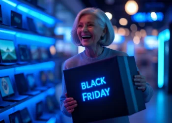 Consumidora sorridente segura uma caixa com o letreiro “Black Friday” em luz neon azul dentro de uma loja iluminada, representando o clima de compras e promoções da Black Friday 2025.