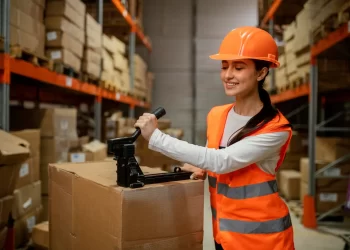 Funcionária em centro logístico embalando caixa para envio em ponto de coleta