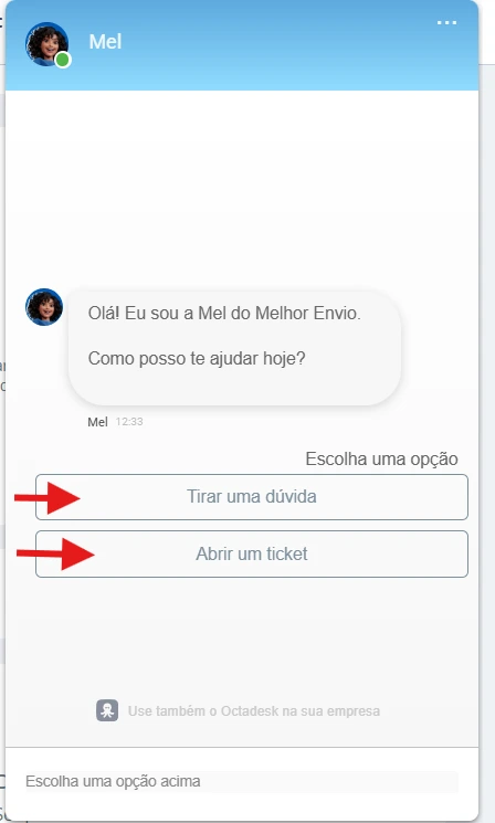 Passo 3 - Informe se você quer tirar uma dúvida ou abrir um ticket, caso queira resolver algum problema abra um ticket
