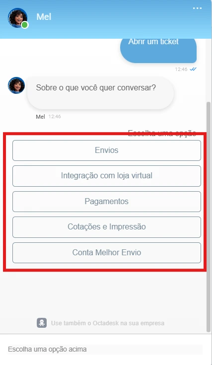Passo 4 - Escolha a opção para abrir um ticket e selecione o assunto que mais se aproxima do seu problema. É importante selecionar corretamente o tipo de solicitação para garantir que o caso seja direcionado ao setor adequado.