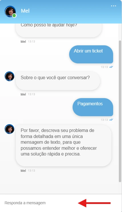 Passo 5 - Escolha a opção para abrir um ticket e selecione o assunto que mais se aproxima do seu problema. É importante selecionar corretamente o tipo de solicitação para garantir que o caso seja direcionado ao setor adequado.