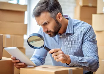 Homem analisando etiqueta de envio com lupa, procurando erro de CEP inválido em meio a caixas