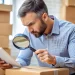 Homem analisando etiqueta de envio com lupa, procurando erro de CEP inválido em meio a caixas