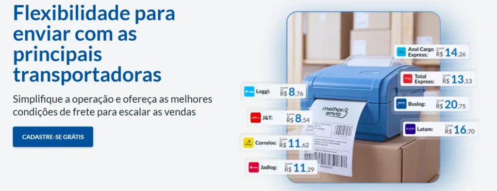 etiqueta de frete com diversas opções de transportadoras além do Correios