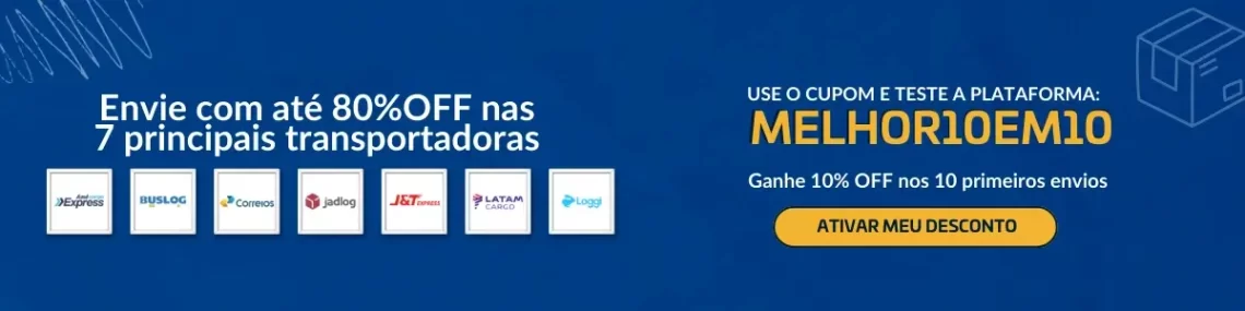 Banner com cupom MELHOR10EM10 que oferece 10% de desconto nos 10 primeiros envios