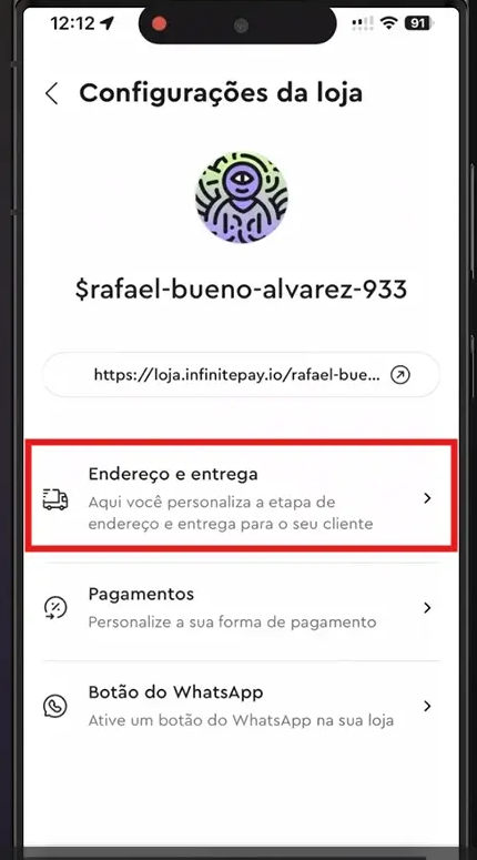 Imagem do celular: Selecione a opção ‘Endereço e entrega”.