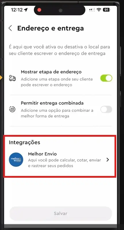Imagem do celular: Clique no ícone do Melhor Envio. 